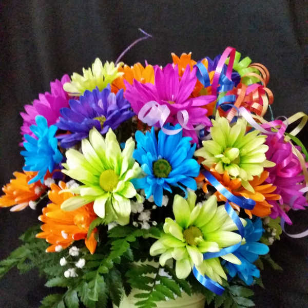 Colorful bouquet of daisies in a pale yellow pot with ribbon curls
