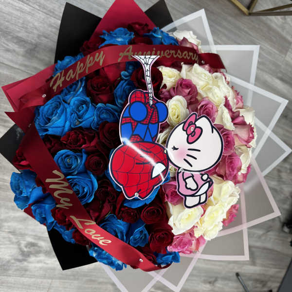 Bouquet of multicolored roses with Spider-Man and Hello Kitty toppers