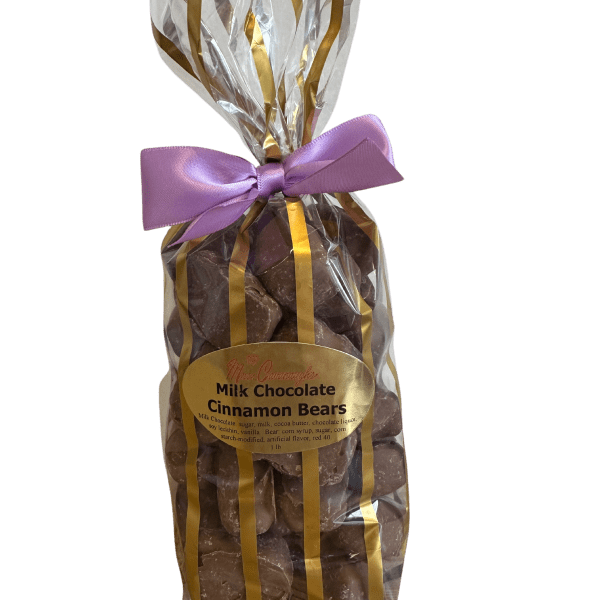 Bag of milk chocolate cinnamon bears tied with a purple ribbon