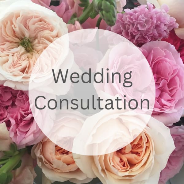 Pink and peach roses with a "Wedding Consultation" overlay