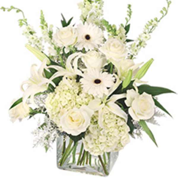 White floral arrangement in a clear glass vase