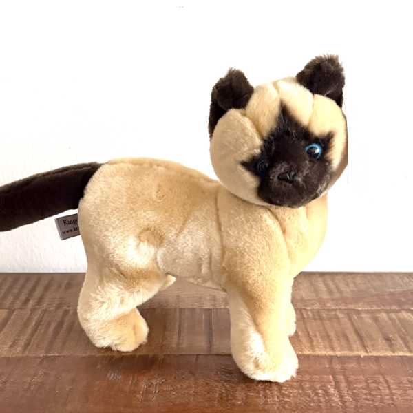 Plush cat figurine with tan fur and dark face and tail