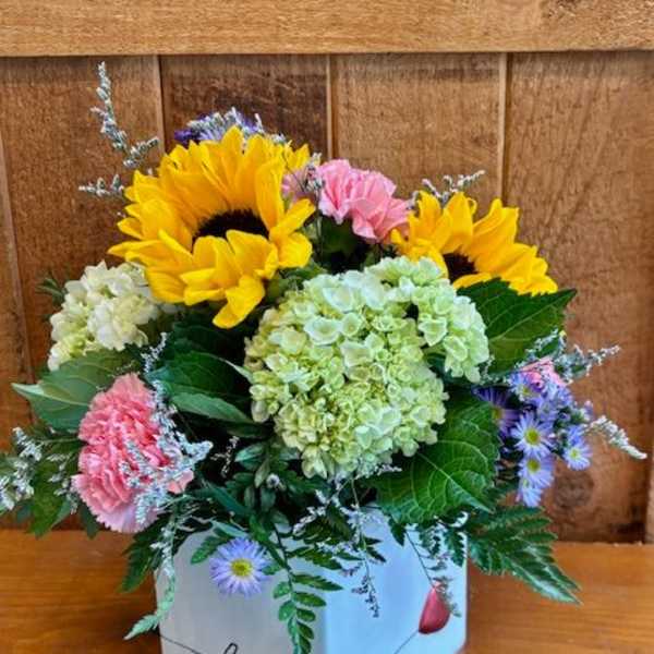 Mixed bouquet with sunflowers, hydrangeas, and carnations in a white box
