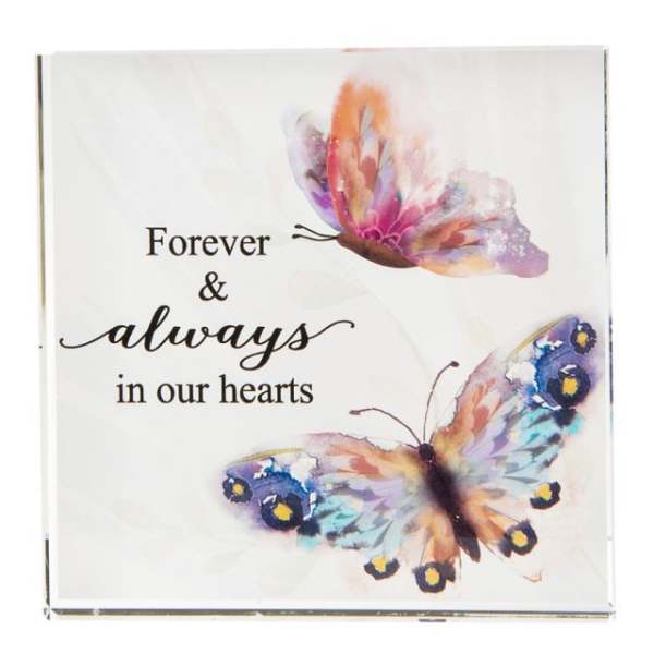 Sympathy card with two colorful butterflies and the words "Forever & always in our hearts"
