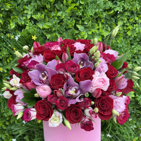 Pink hatbox arrangement with red and pink roses and purple orchids