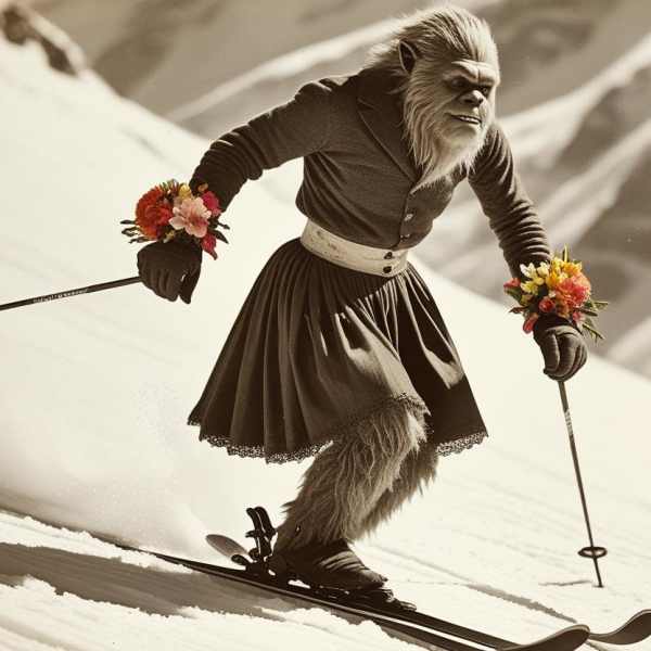 A skier in a costume with flower wrist corsages on snowy slopes