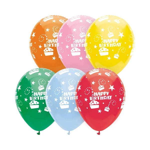 Six colorful birthday balloons with cake and star prints