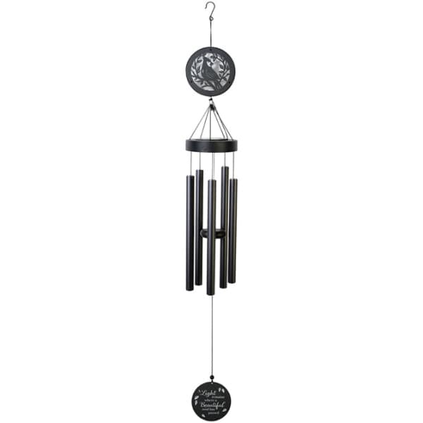 Black hanging wind chime with a bird cutout and round plaque