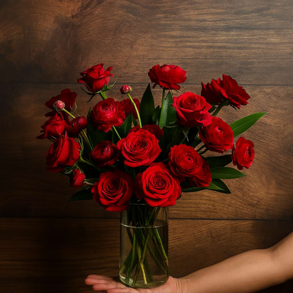 Red roses and ranunculus in a clear glass vase