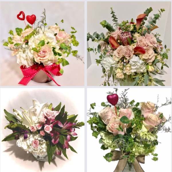 Four romantic arrangements with pink roses, hydrangeas, and accent blooms in vases with red heart picks.