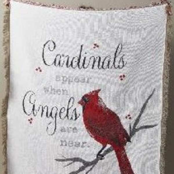 Decorative pillow with a red cardinal and the words "Cardinals are Angels"