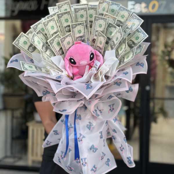 Bouquet of dollar bills with a pink Stitch plush toy