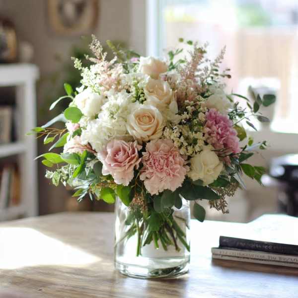 Blush and white bouquet in a clear glass vase