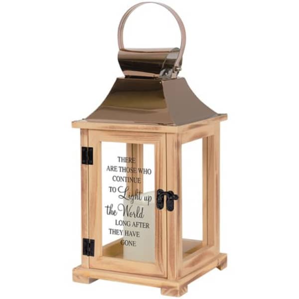 Wooden memorial lantern with a metal top and printed glass panels