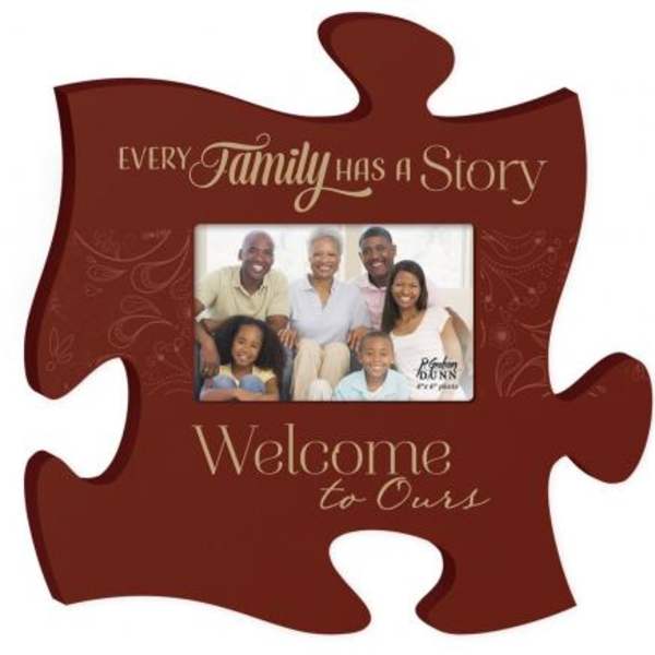 Puzzle-piece photo frame with family picture and welcome text