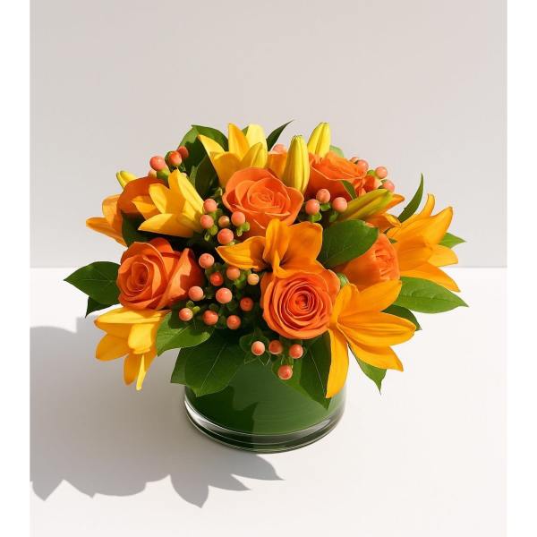 Orange and yellow flower arrangement in a glass vase