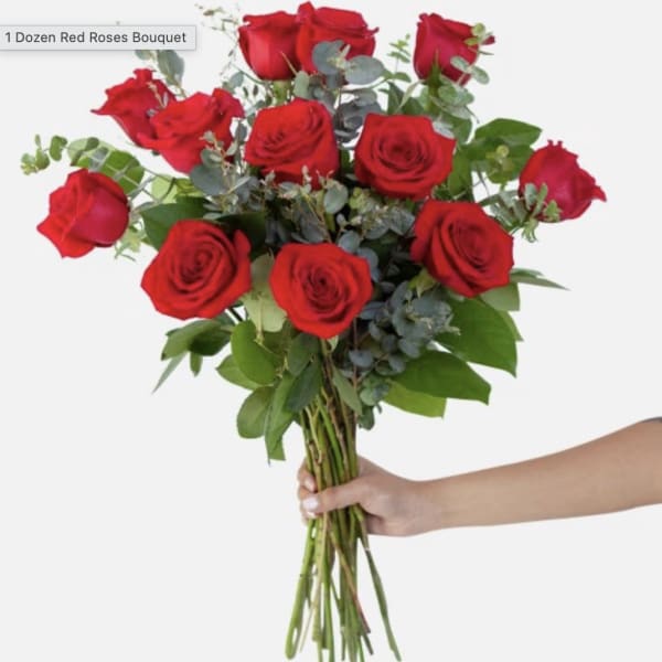 Bouquet of red roses with eucalyptus greenery