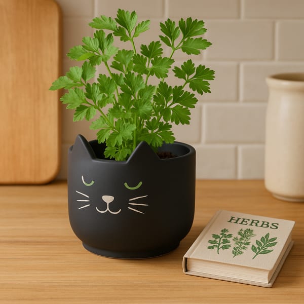 Potted herb in a black cat-shaped planter beside a small herb book