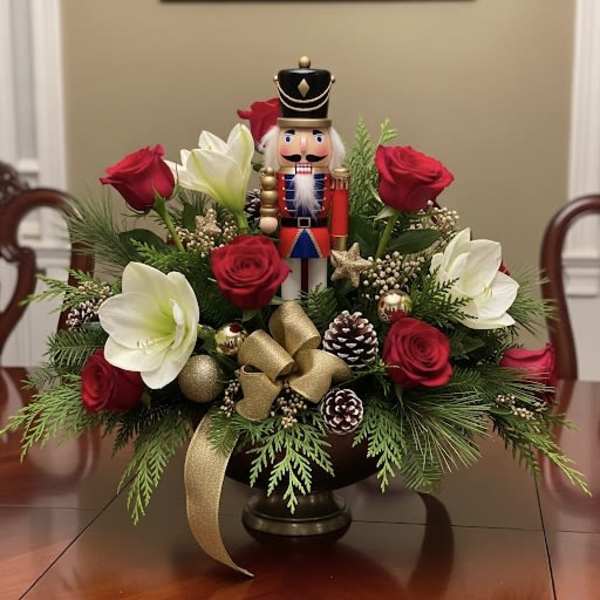 Holiday arrangement with red roses, white lilies, and a nutcracker centerpiece