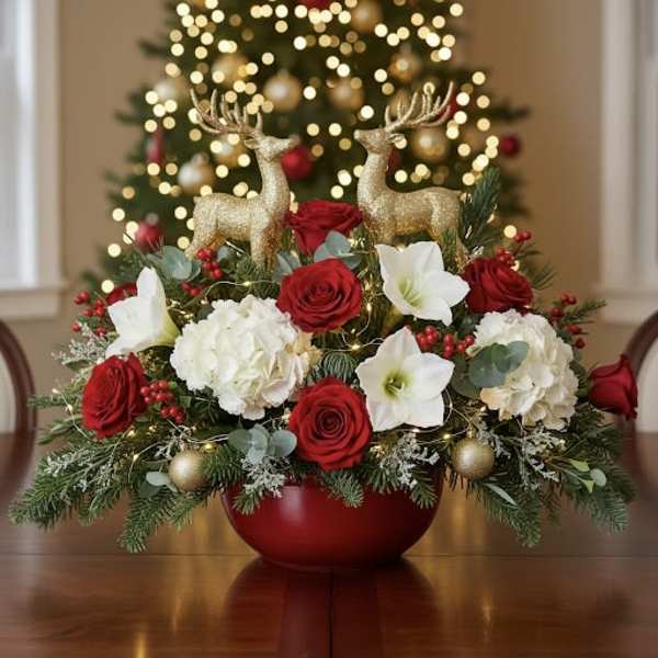 Christmas centerpiece with red roses, white blooms, and gold reindeer