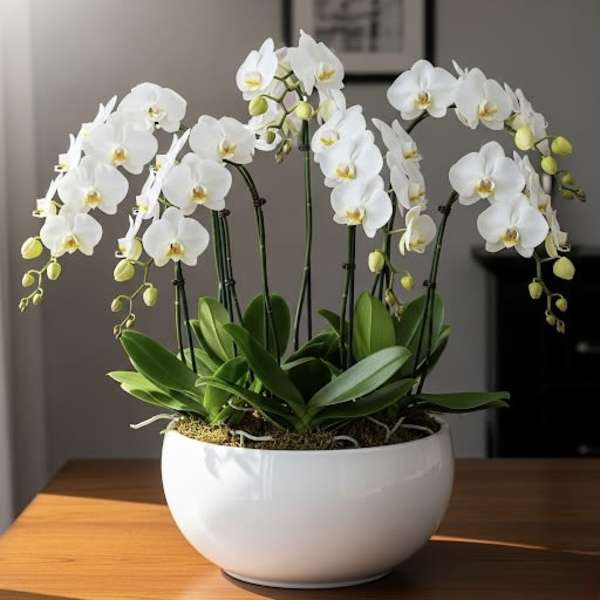 White orchids in a white bowl planter on a table