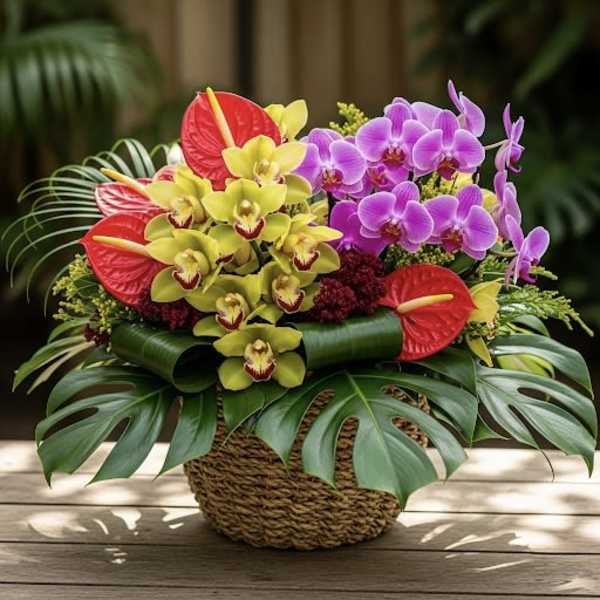 Tropical flower arrangement with orchids and red anthuriums in a woven basket