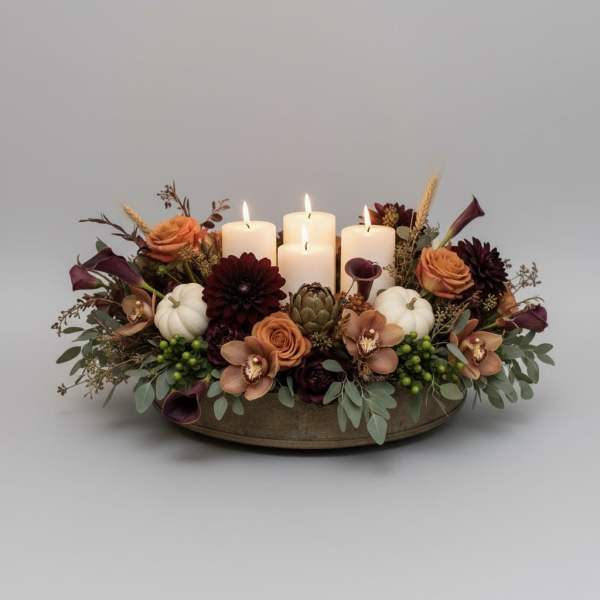 Autumn floral centerpiece with candles in a low oval tray