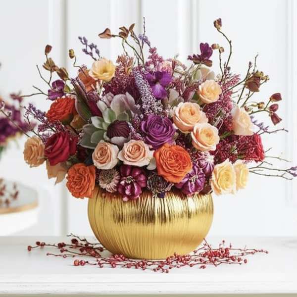 Mixed bouquet of roses and other blooms in a gold vase