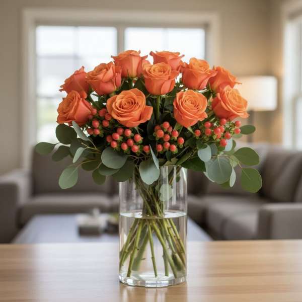 Orange roses arranged in a clear glass vase with berry accents
