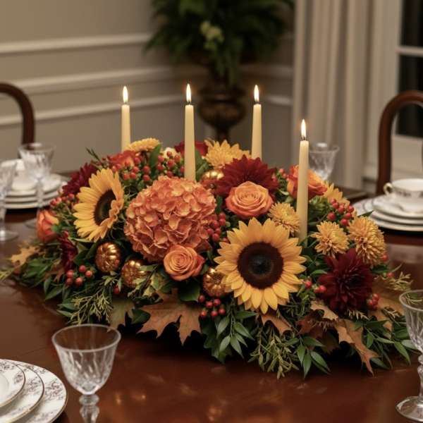 Autumn floral centerpiece with candles and sunflowers on a dining table