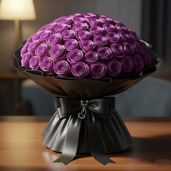 Bouquet of purple roses wrapped in black paper with a ribbon