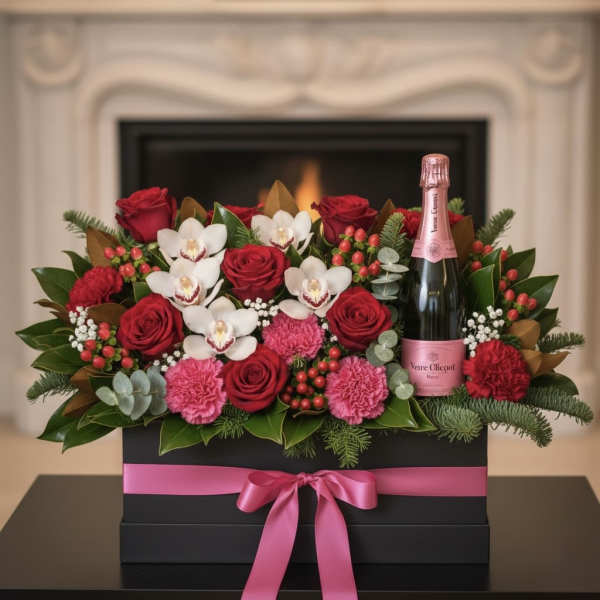 Boxed bouquet with red roses, white orchids, and a champagne bottle