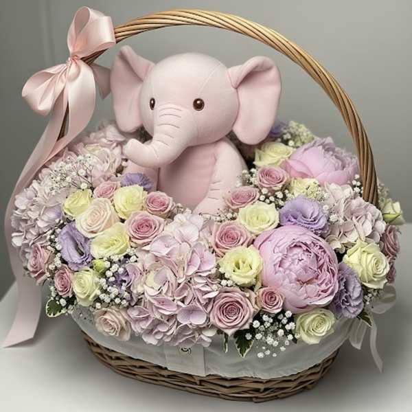 Pink plush elephant in a wicker basket surrounded by pastel flowers