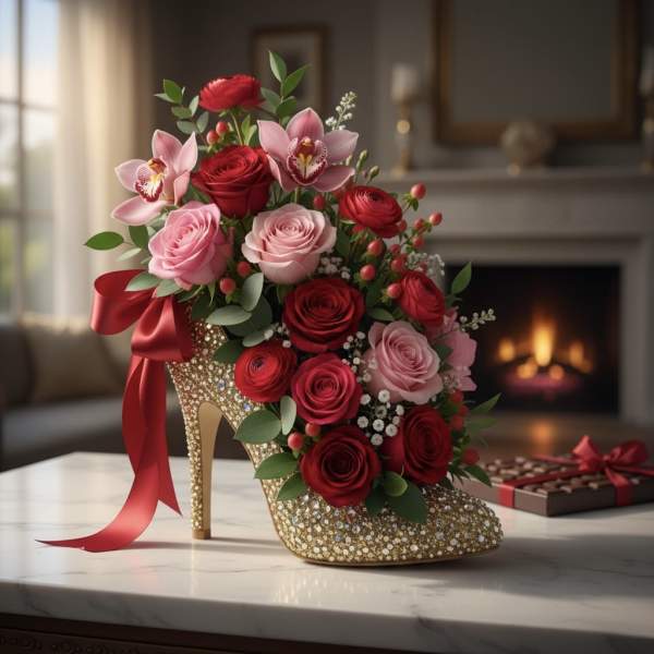 Red and pink roses with orchids arranged in a glittery high-heel shoe