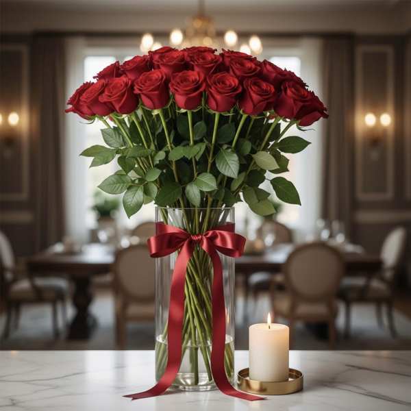 Red roses in a clear vase with a red ribbon and a lit candle