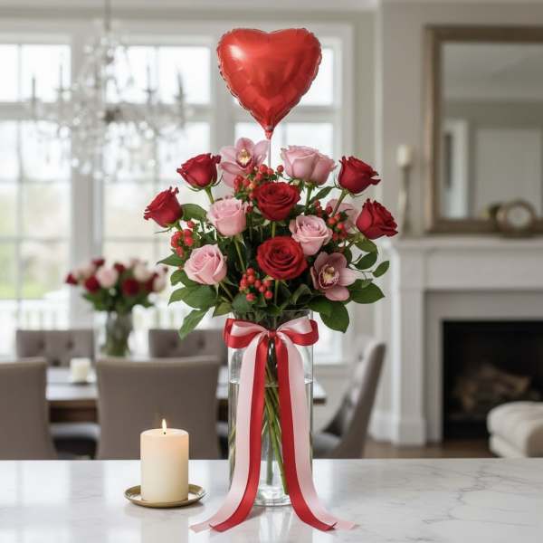 Red and pink roses in a glass vase with a heart balloon