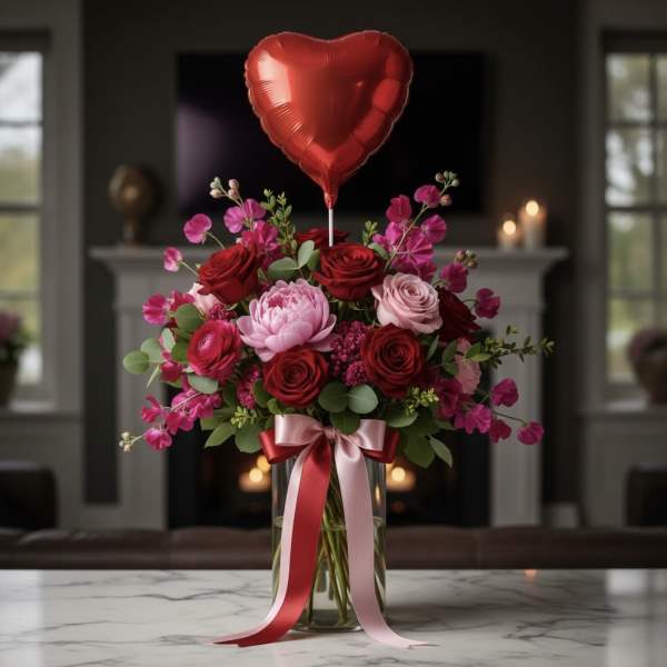 Red and pink rose bouquet in a glass vase with a heart balloon
