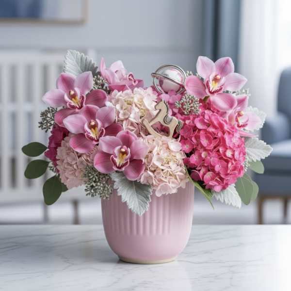 Pink orchid and hydrangea arrangement in a blush vase with a small rocking horse