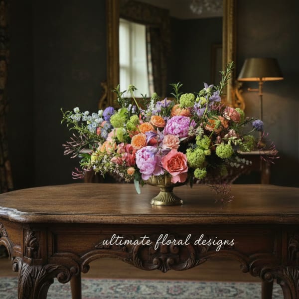 Mixed bouquet in a brass vase on a wooden table