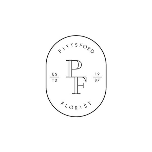 Black and white Pittsford Florist monogram logo with PF initials in an oval frame