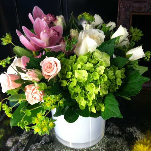 White vase arrangement with green hydrangea, white roses, pink orchids and spray roses.