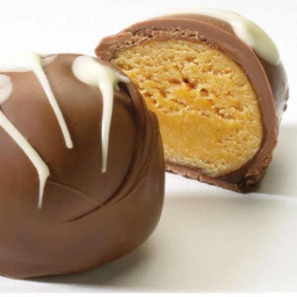 Chocolate-covered truffle candies with white drizzle