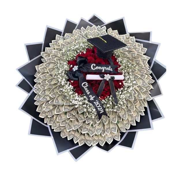 Graduation money bouquet with red roses and a cap topper