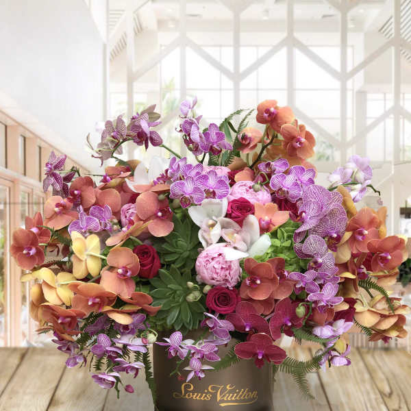 Mixed orchid arrangement in a dark branded container