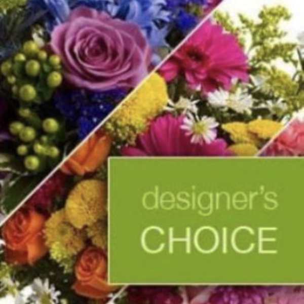Collage of colorful mixed flower bouquets with a green "designer's CHOICE" label