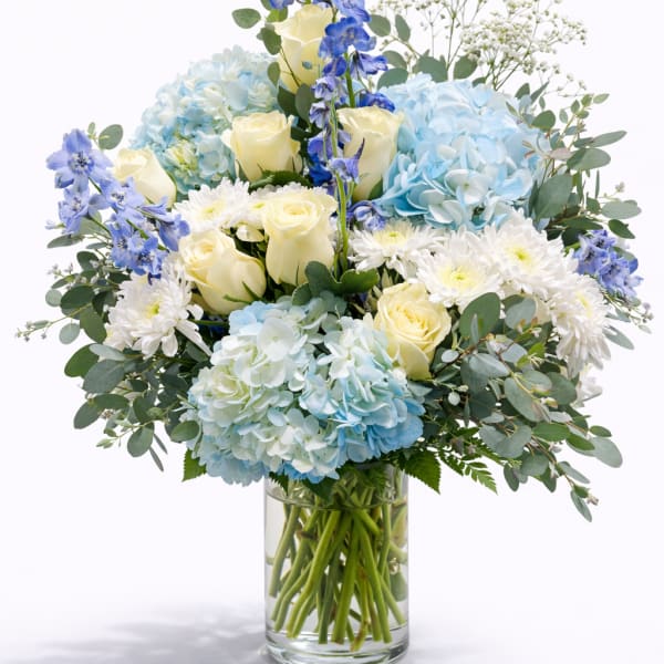 Blue hydrangeas, ivory roses and white mums in a clear glass cylinder vase