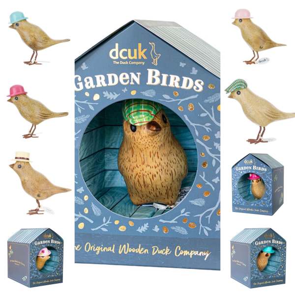 Decorative wooden bird figurines in hats, shown with product boxes.