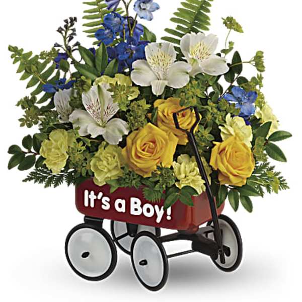 Bouquet in a red wagon with "It's a Boy!" text