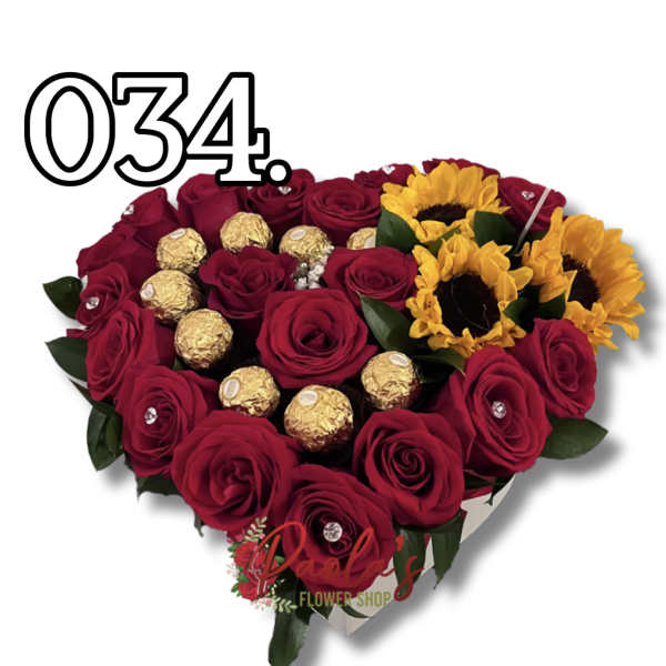 Heart-shaped bouquet of red roses with sunflowers and chocolates