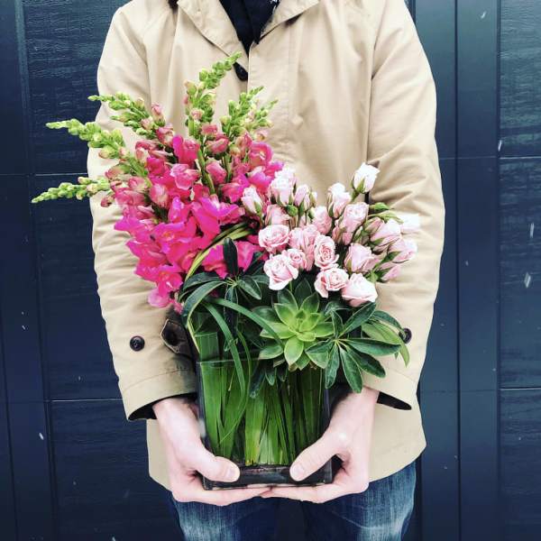 Pink flowers and succulents arranged in a square glass vase